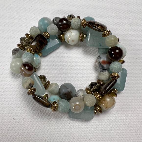 Handmade Beaded Bracelet Trio Earthy Color Theme Mixed Metal Beads Browns Blues - Picture 1 of 6